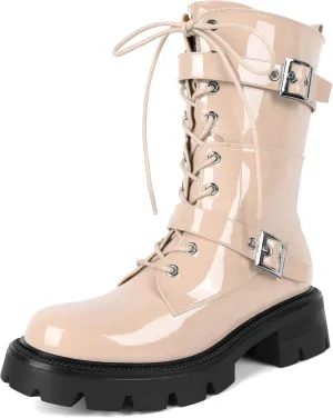 Eldof Women's Combat Boots Ankle Booties Lace Up Platform Lug Sole Chunky Low Heel Buckle Goth Motorcycle Boots for Women Side Zipper 2 Inches