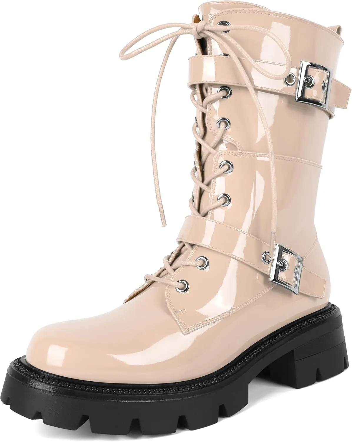 Eldof Women's Combat Boots Ankle Booties Lace Up Platform Lug Sole Chunky Low Heel Buckle Goth Motorcycle Boots for Women Side Zipper 2 Inches