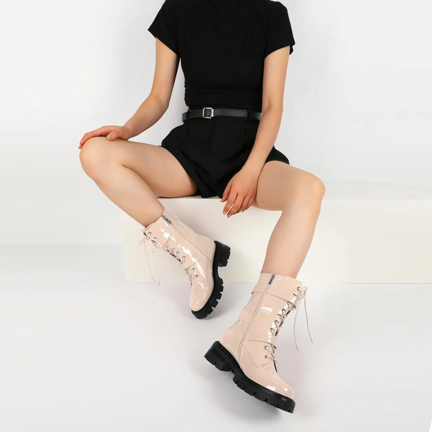 Eldof Women's Combat Boots Ankle Booties Lace Up Platform Lug Sole Chunky Low Heel Buckle Goth Motorcycle Boots for Women Side Zipper 2 Inches
