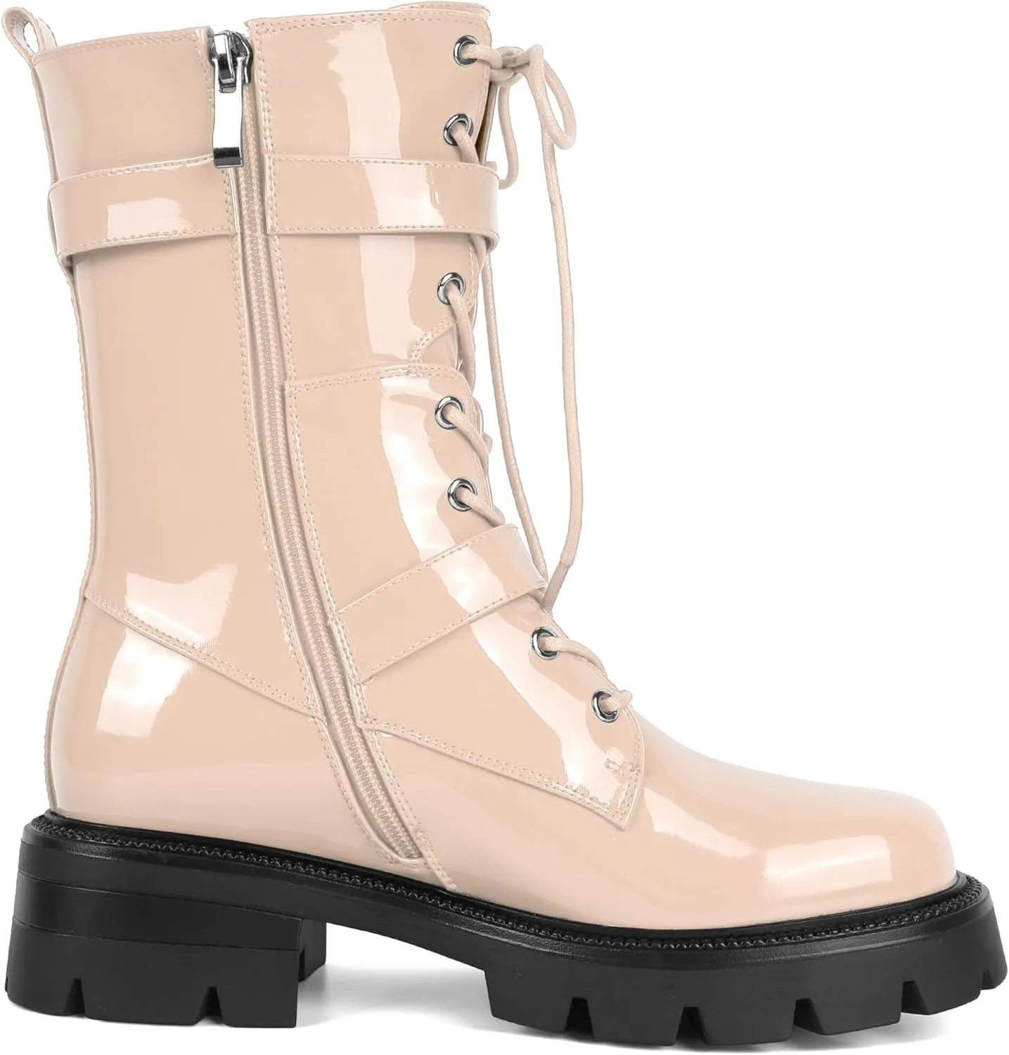 Eldof Women's Combat Boots Ankle Booties Lace Up Platform Lug Sole Chunky Low Heel Buckle Goth Motorcycle Boots for Women Side Zipper 2 Inches