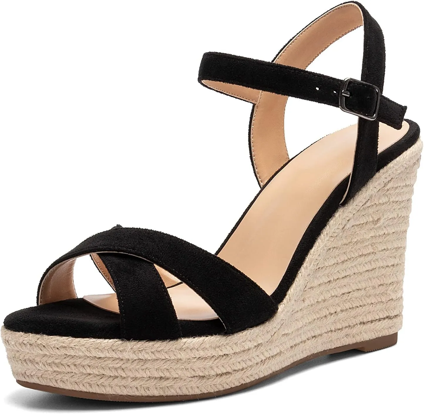 Eldof Women's Espadrilles Platform Wedges Sandals, Toe Strap High Heels with Adjustable Ankle wrap, Bohemian Heeled Slingback