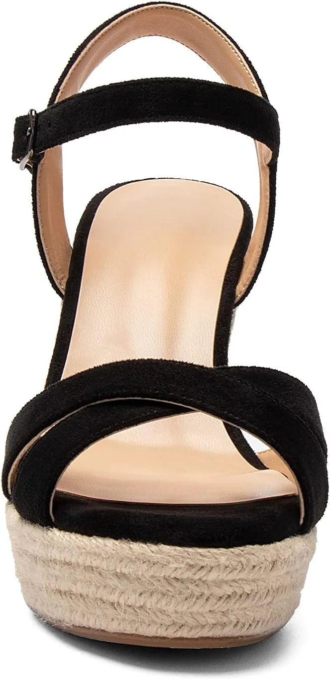 Eldof Women's Espadrilles Platform Wedges Sandals, Toe Strap High Heels with Adjustable Ankle wrap, Bohemian Heeled Slingback