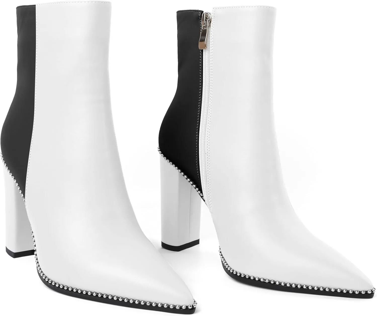 Eldof Womens Pointed Toe Beaded Chunky Ankle Boots Side Zipper 3.5 Inches