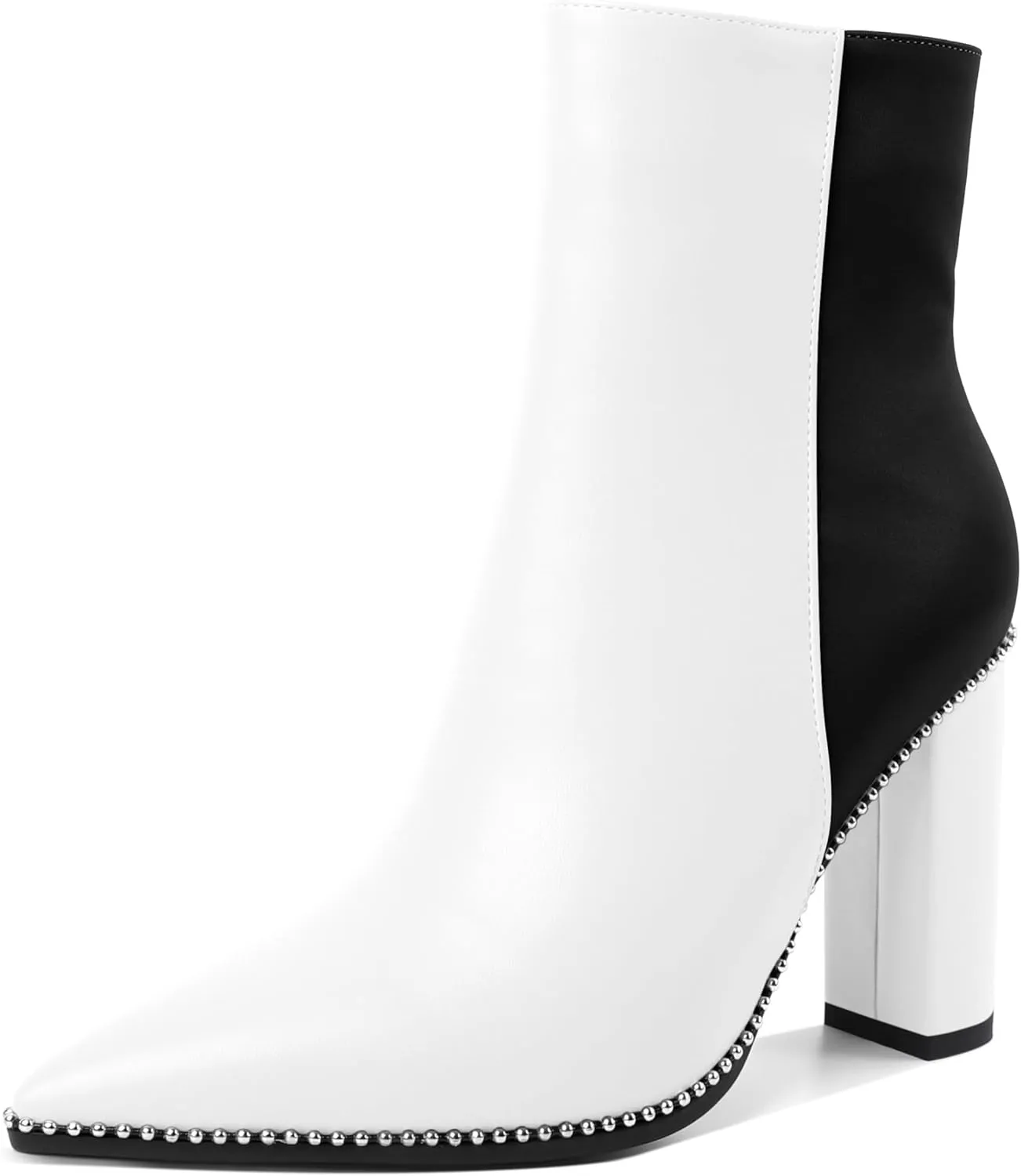 Eldof Womens Pointed Toe Beaded Chunky Ankle Boots Side Zipper 3.5 Inches