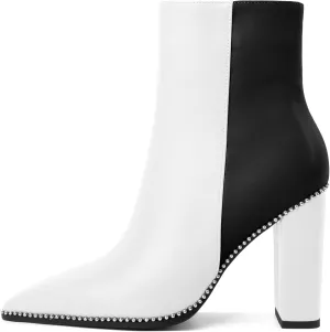 Eldof Womens Pointed Toe Beaded Chunky Ankle Boots Side Zipper 3.5 Inches