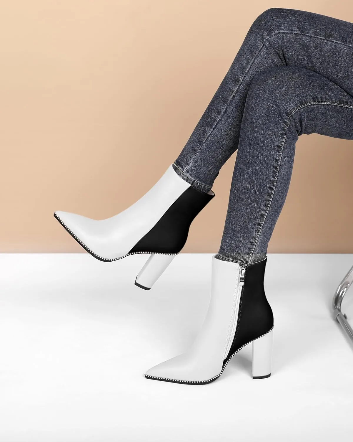 Eldof Womens Pointed Toe Beaded Chunky Ankle Boots Side Zipper 3.5 Inches