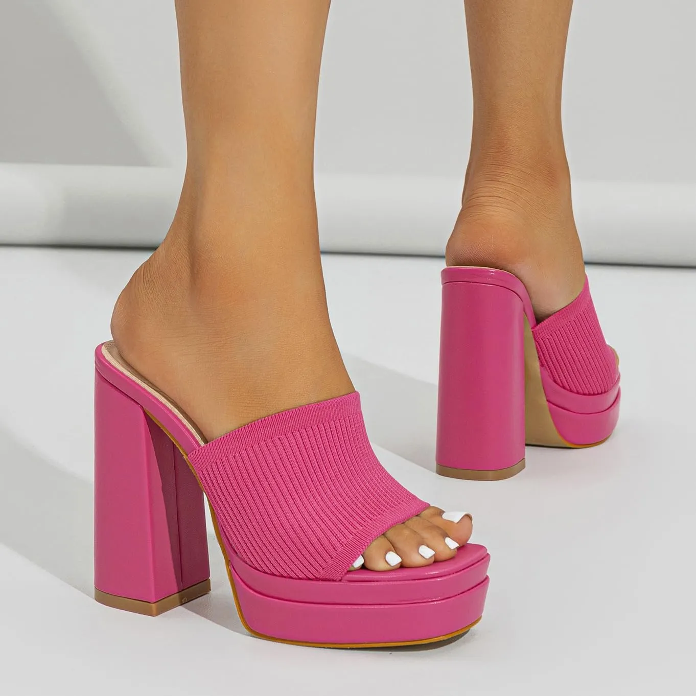Elegant High Chunky Heel Mule Sandals for Women Chic Platform Summer Slip-Ons Block Heel Wedge Shoes with Knit Upper Fashionable Dressy Evening Party Shoes