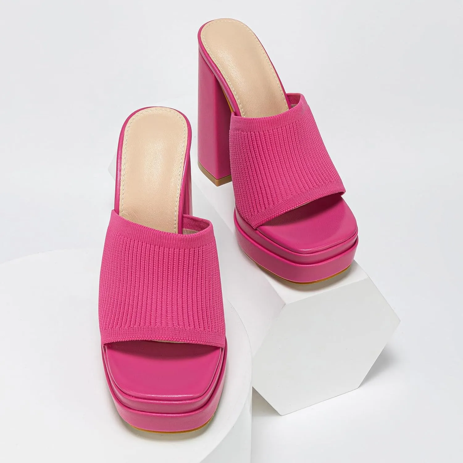 Elegant High Chunky Heel Mule Sandals for Women Chic Platform Summer Slip-Ons Block Heel Wedge Shoes with Knit Upper Fashionable Dressy Evening Party Shoes