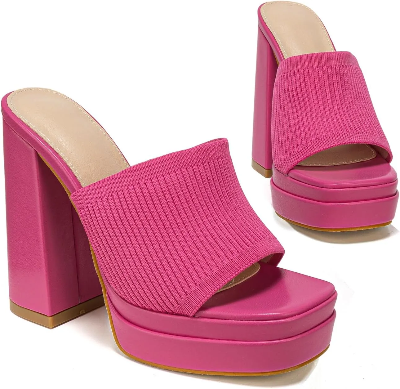 Elegant High Chunky Heel Mule Sandals for Women Chic Platform Summer Slip-Ons Block Heel Wedge Shoes with Knit Upper Fashionable Dressy Evening Party Shoes