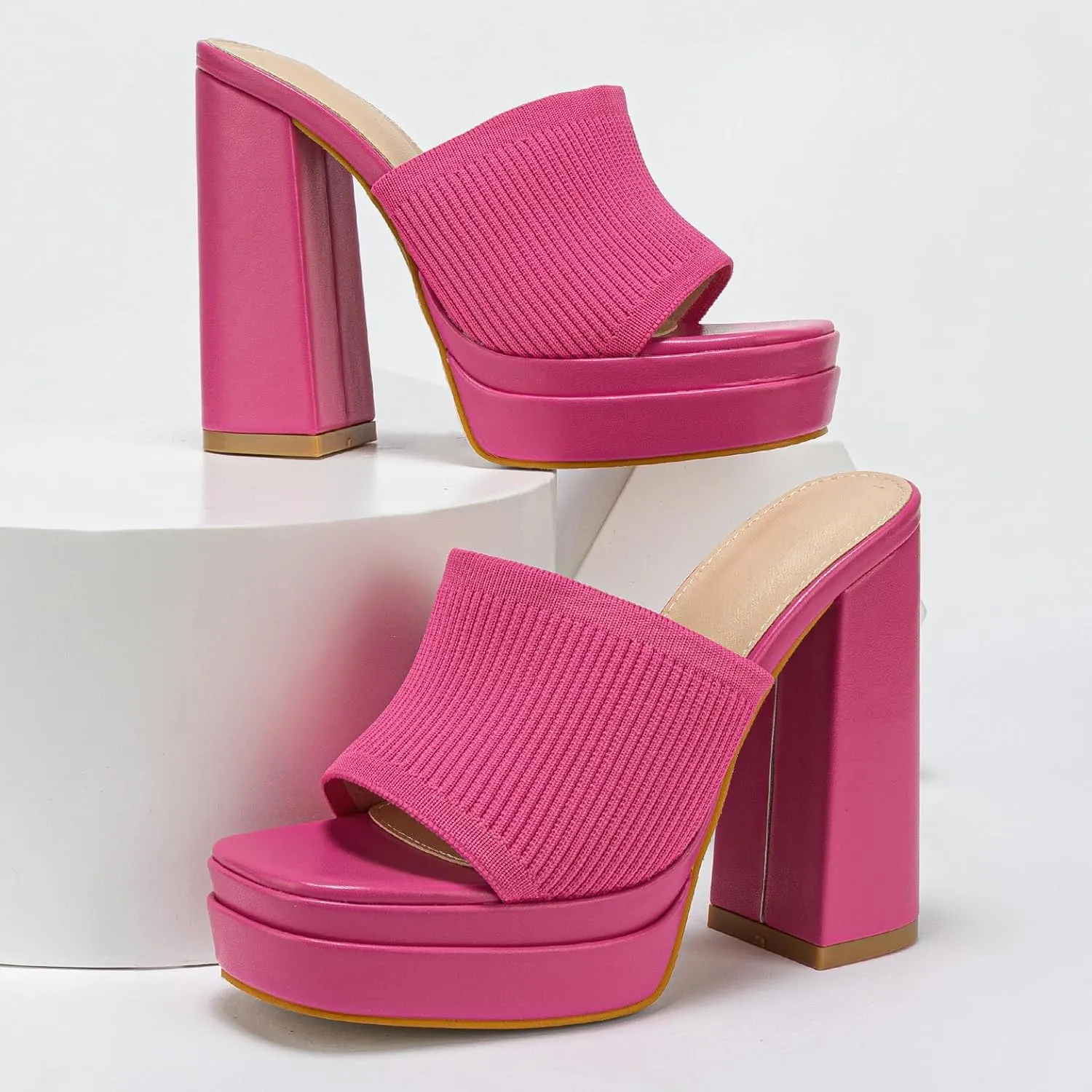 Elegant High Chunky Heel Mule Sandals for Women Chic Platform Summer Slip-Ons Block Heel Wedge Shoes with Knit Upper Fashionable Dressy Evening Party Shoes