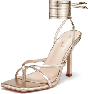 Elisabet Tang Women Sexy Strappy Heeled Sandals,4 inch/10cm Lace Up Square Open Toe Heels Stiletto Thong Sandal Criss-Cross Gladiator High Heel Sandals Shoes