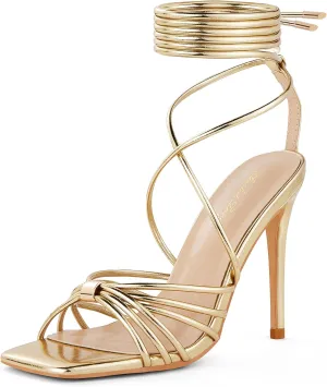 Elisabet Tang Women Strappy Heeled Sandals Lace Up 4 Inch Stilettos Square Open Toe High Heels Ankle Strap for Prom Party Evening