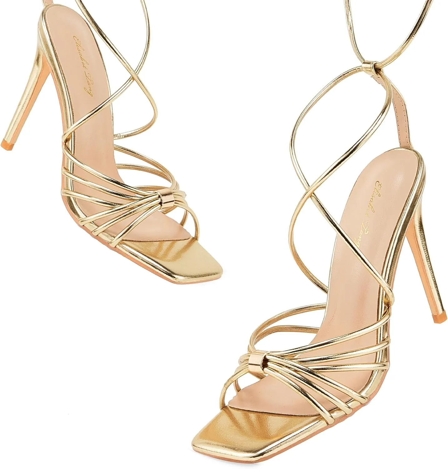 Elisabet Tang Women Strappy Heeled Sandals Lace Up 4 Inch Stilettos Square Open Toe High Heels Ankle Strap for Prom Party Evening