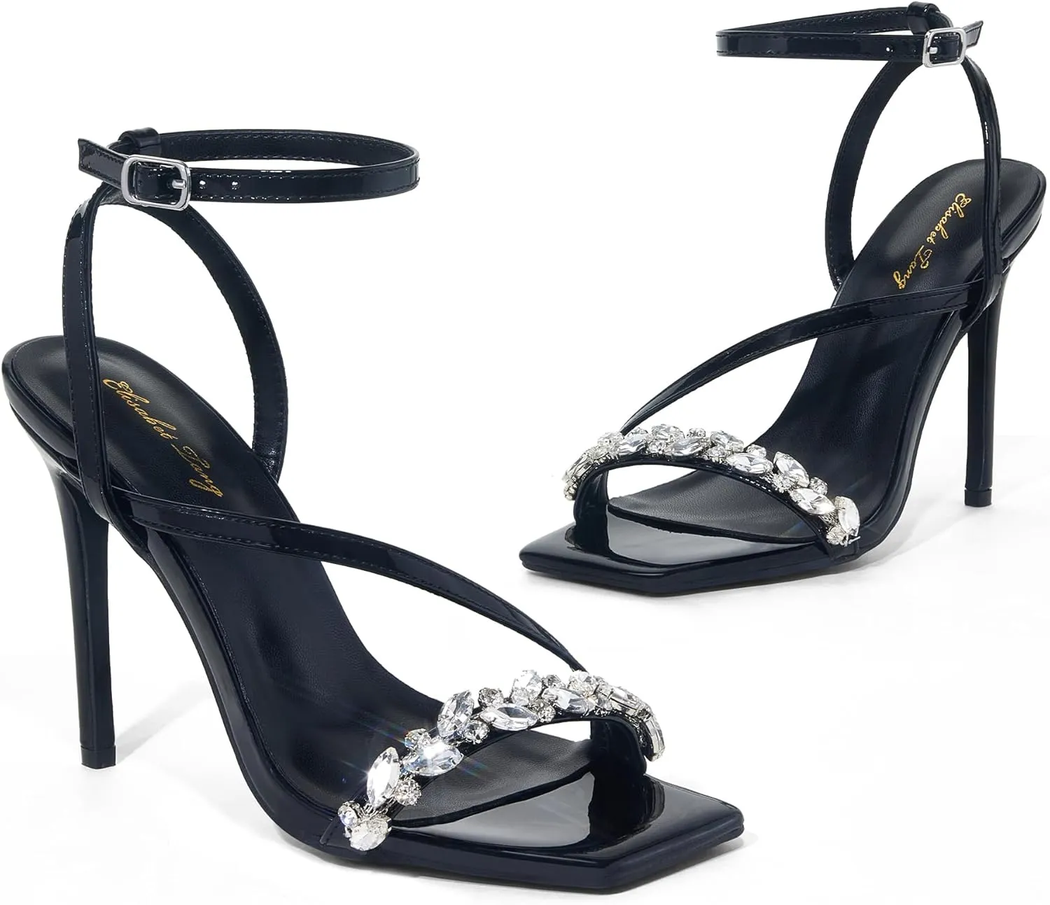 Elisabet Tang Women’s Crystal Stilettos Heeled Sandals, 4 Inch Square Open Toe Strappy Sexy High Heels Ankle Strap Buckle Heels for Party Wedding Dress Daily Wear Shoes
