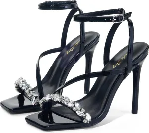 Elisabet Tang Women’s Crystal Stilettos Heeled Sandals, 4 Inch Square Open Toe Strappy Sexy High Heels Ankle Strap Buckle Heels for Party Wedding Dress Daily Wear Shoes