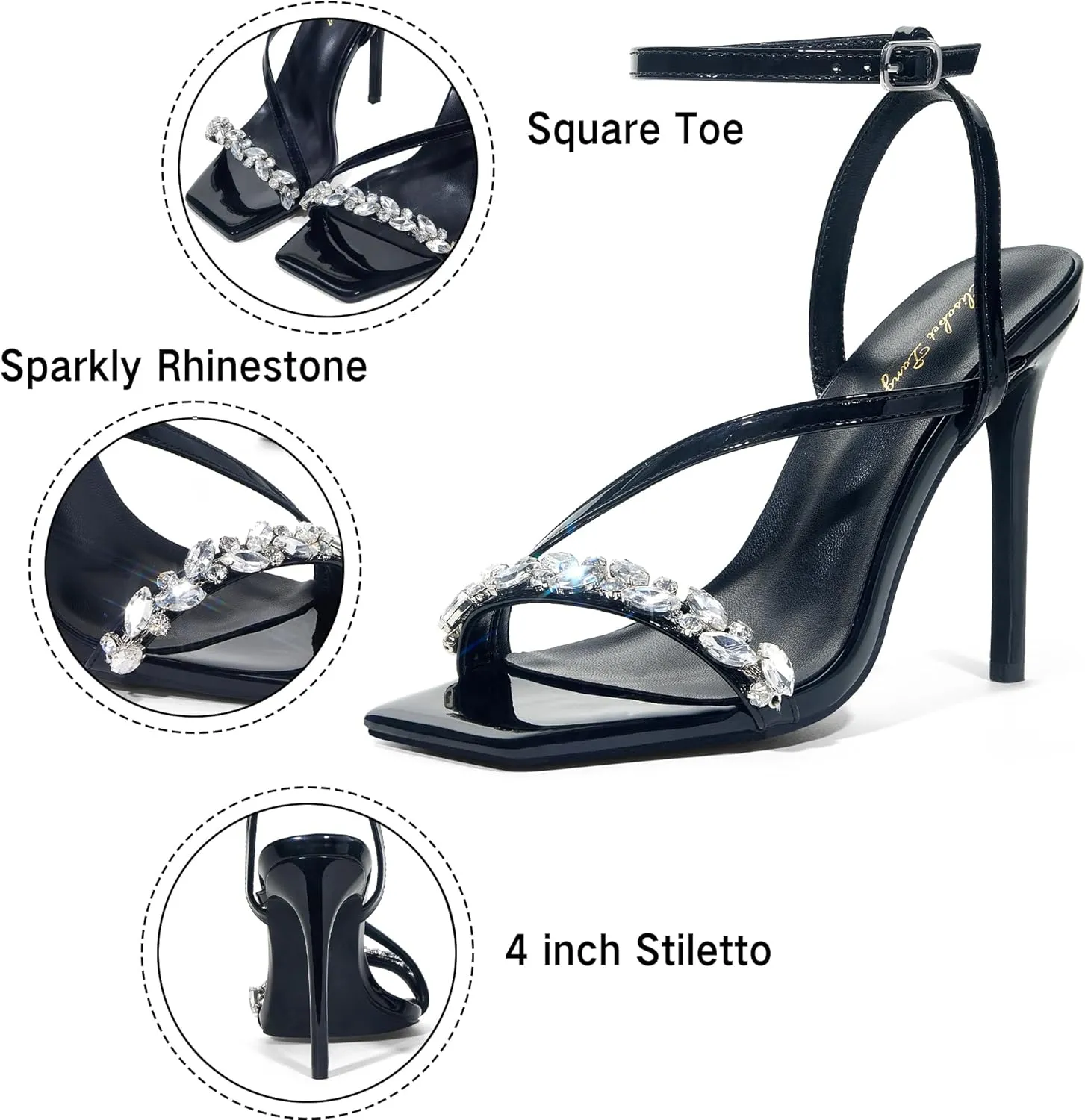 Elisabet Tang Women’s Crystal Stilettos Heeled Sandals, 4 Inch Square Open Toe Strappy Sexy High Heels Ankle Strap Buckle Heels for Party Wedding Dress Daily Wear Shoes