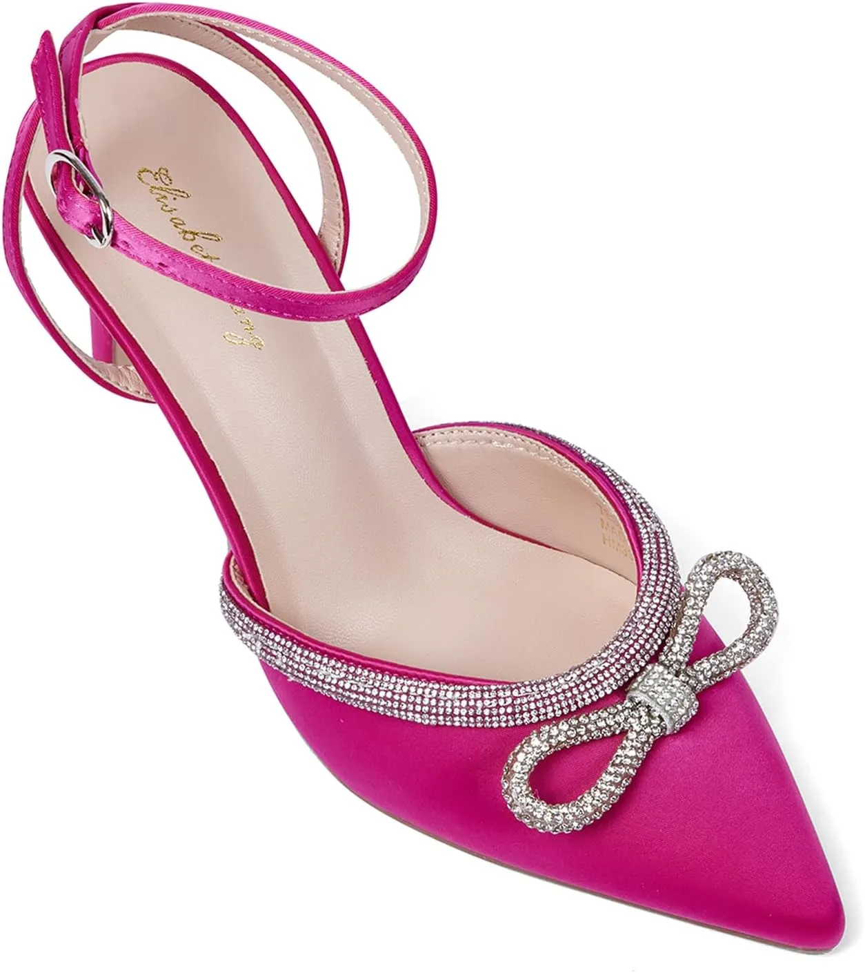 Elisabet Tang Women's High Heel Pumps,Rhinestone Strip Bowknot Ankle Buckle Straps Heels Stiletto Sandals Suede Pointed Closed Toe Strappy Heels Pumps Wedding Dress Shoes