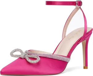 Elisabet Tang Women's High Heel Pumps,Rhinestone Strip Bowknot Ankle Buckle Straps Heels Stiletto Sandals Suede Pointed Closed Toe Strappy Heels Pumps Wedding Dress Shoes