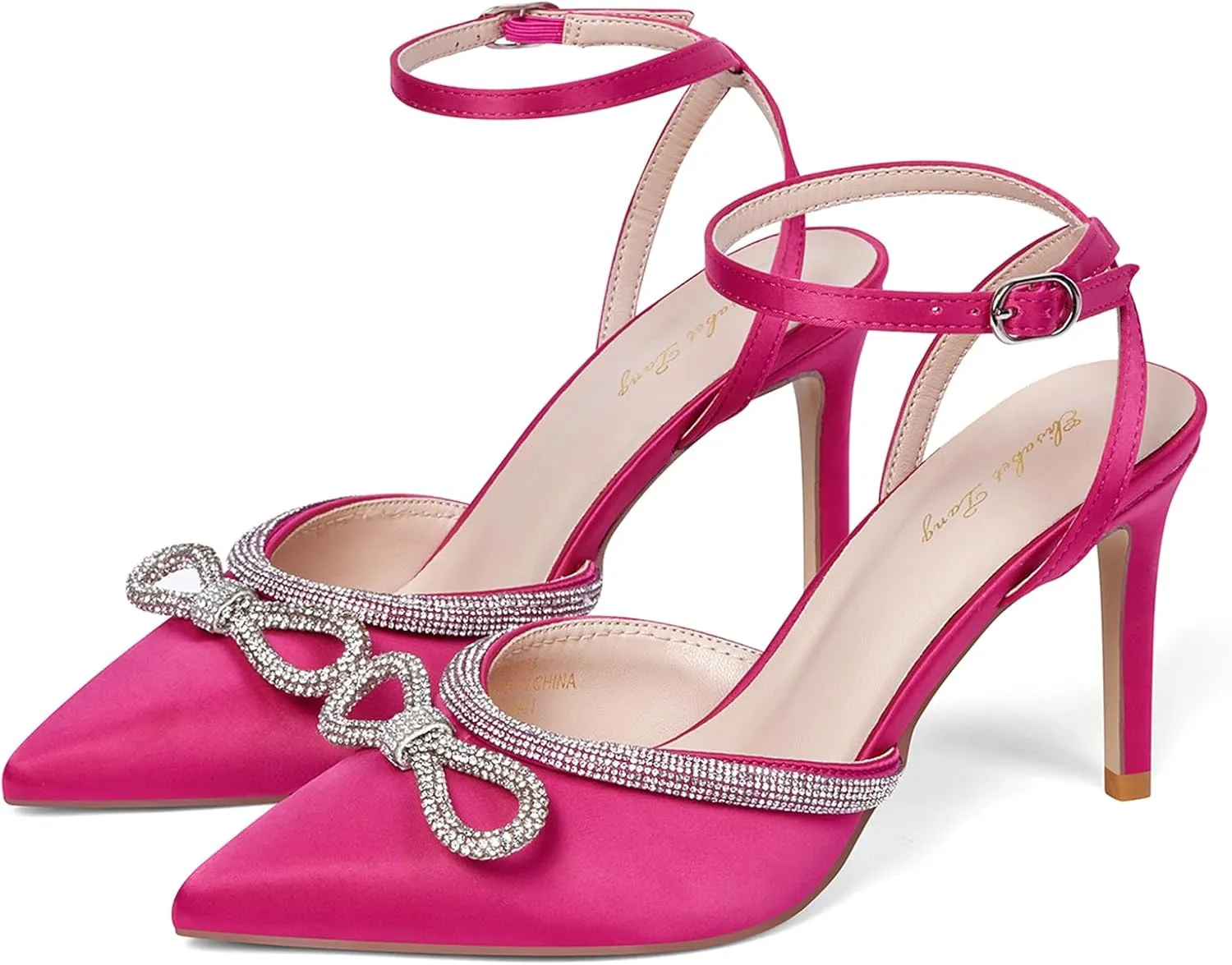 Elisabet Tang Women's High Heel Pumps,Rhinestone Strip Bowknot Ankle Buckle Straps Heels Stiletto Sandals Suede Pointed Closed Toe Strappy Heels Pumps Wedding Dress Shoes