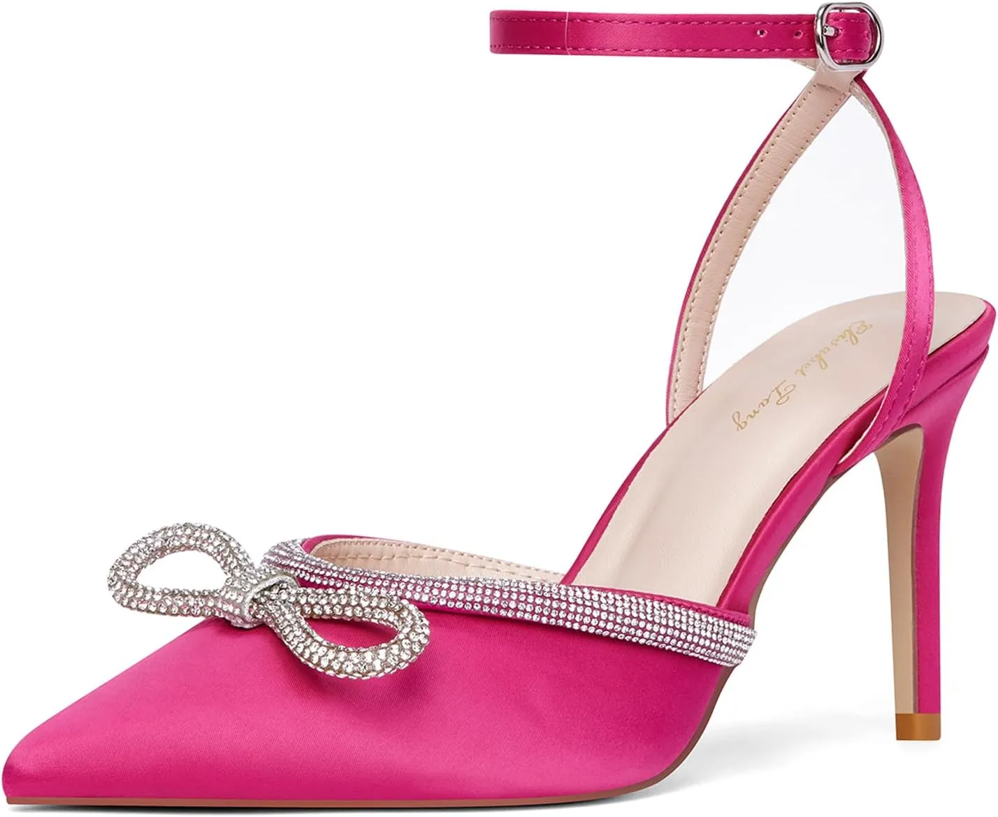 Elisabet Tang Women's High Heel Pumps,Rhinestone Strip Bowknot Ankle Buckle Straps Heels Stiletto Sandals Suede Pointed Closed Toe Strappy Heels Pumps Wedding Dress Shoes