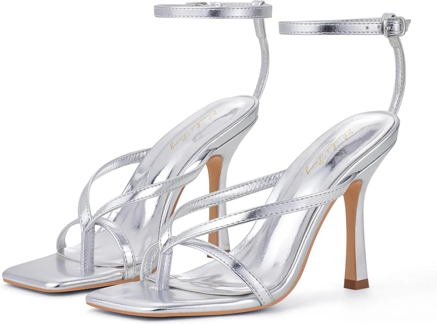 Elisabet Tang Womens Square Toe Heeled Sandals,4.3 inch Square Toe Thong Strappy Ankle Strap Stiletto Heel Sandals Wedding Dress Party Shoes