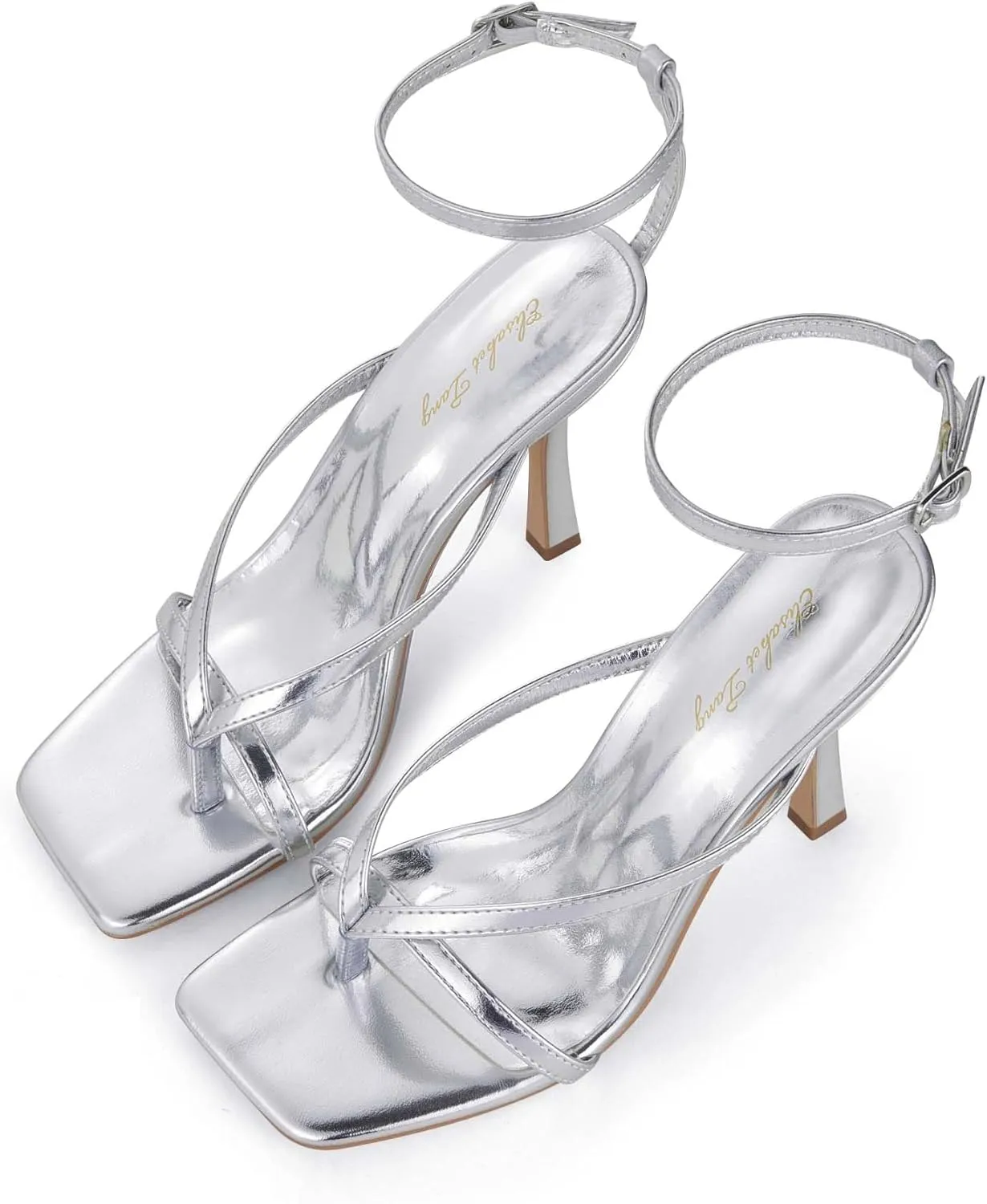 Elisabet Tang Womens Square Toe Heeled Sandals,4.3 inch Square Toe Thong Strappy Ankle Strap Stiletto Heel Sandals Wedding Dress Party Shoes