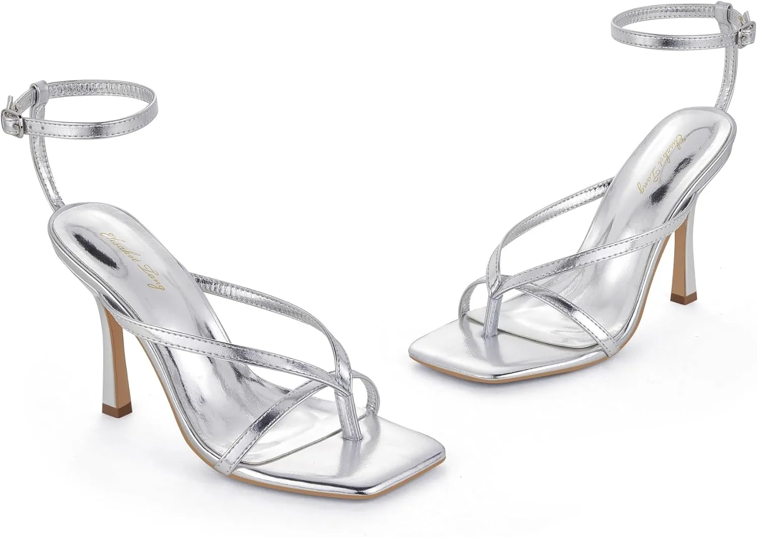 Elisabet Tang Womens Square Toe Heeled Sandals,4.3 inch Square Toe Thong Strappy Ankle Strap Stiletto Heel Sandals Wedding Dress Party Shoes
