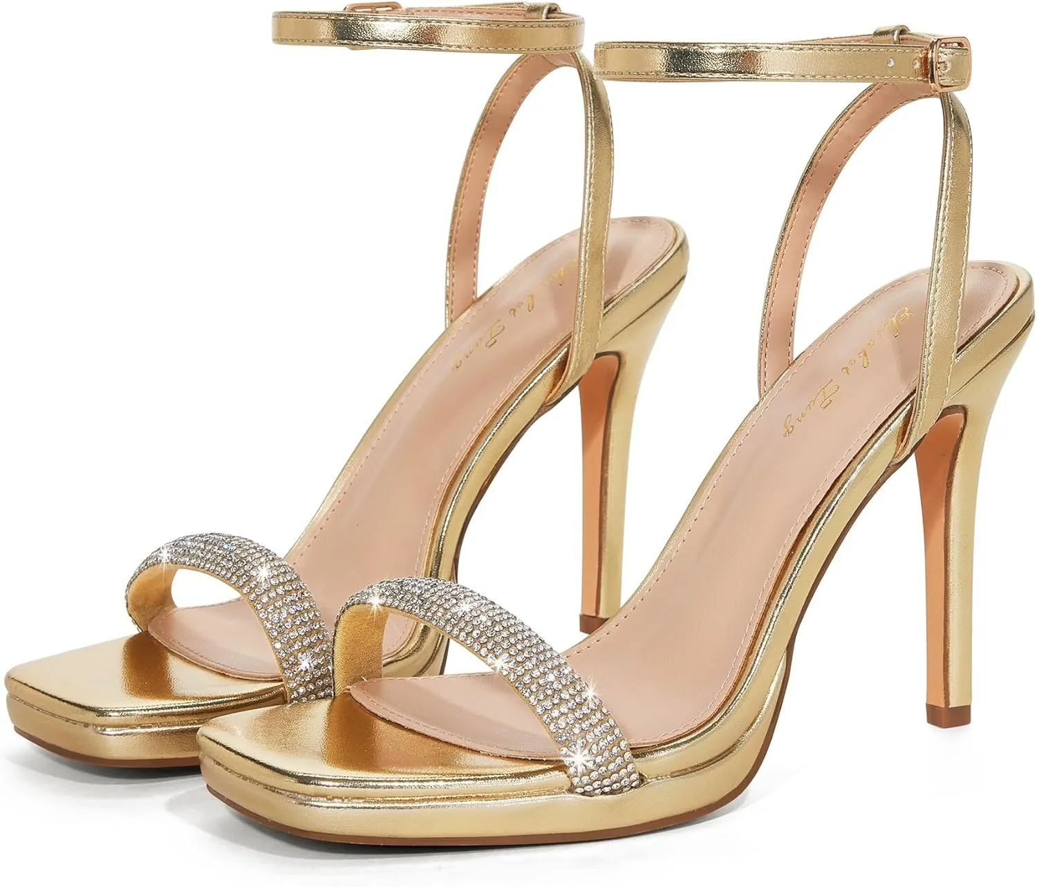 Elisabet Tang Women’s Stilettos Heeled Sandals Open Square Toe Heels,4.3 Inch Open Toe Strappy Sexy High Heels Ankle Strap Buckle Heels for Party Wedding Dress Daily Wear Shoes