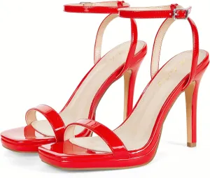 Elisabet Tang Women’s Stilettos Heeled Sandals Open Square Toe Heels,4.3 Inch Open Toe Strappy Sexy High Heels Ankle Strap Buckle Heels for Party Wedding Dress Daily Wear Shoes