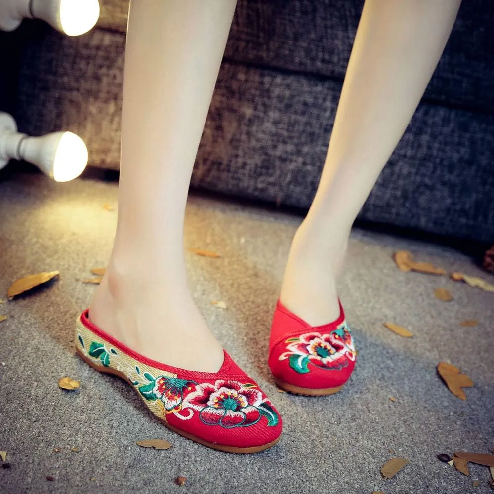 Embroidered Flower Women's Shoes Backless Mules Comfortable Flats Round Toe Loafers Chinese Style Canvas Slippers Cute Sandals