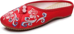 Embroidered Flower Women's Shoes Backless Mules Comfortable Flats Round Toe Loafers Chinese Style Canvas Slippers Cute Sandals