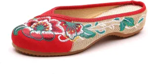 Embroidered Flower Women's Shoes Backless Mules Comfortable Flats Round Toe Loafers Chinese Style Canvas Slippers Cute Sandals