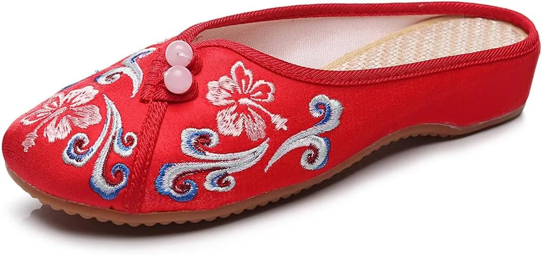 Embroidered Flower Women's Shoes Backless Mules Comfortable Flats Round Toe Loafers Chinese Style Canvas Slippers Cute Sandals