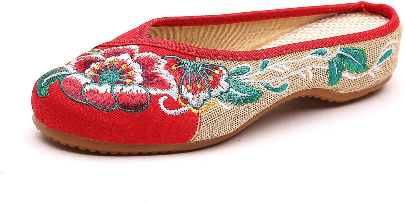 Embroidered Flower Women's Shoes Backless Mules Comfortable Flats Round Toe Loafers Chinese Style Canvas Slippers Cute Sandals