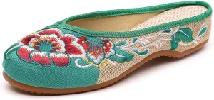 Embroidered Flower Women's Shoes Backless Mules Comfortable Flats Round Toe Loafers Chinese Style Canvas Slippers Cute Sandals