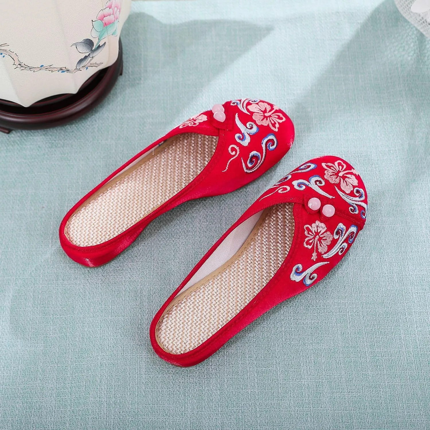 Embroidered Flower Women's Shoes Backless Mules Comfortable Flats Round Toe Loafers Chinese Style Canvas Slippers Cute Sandals