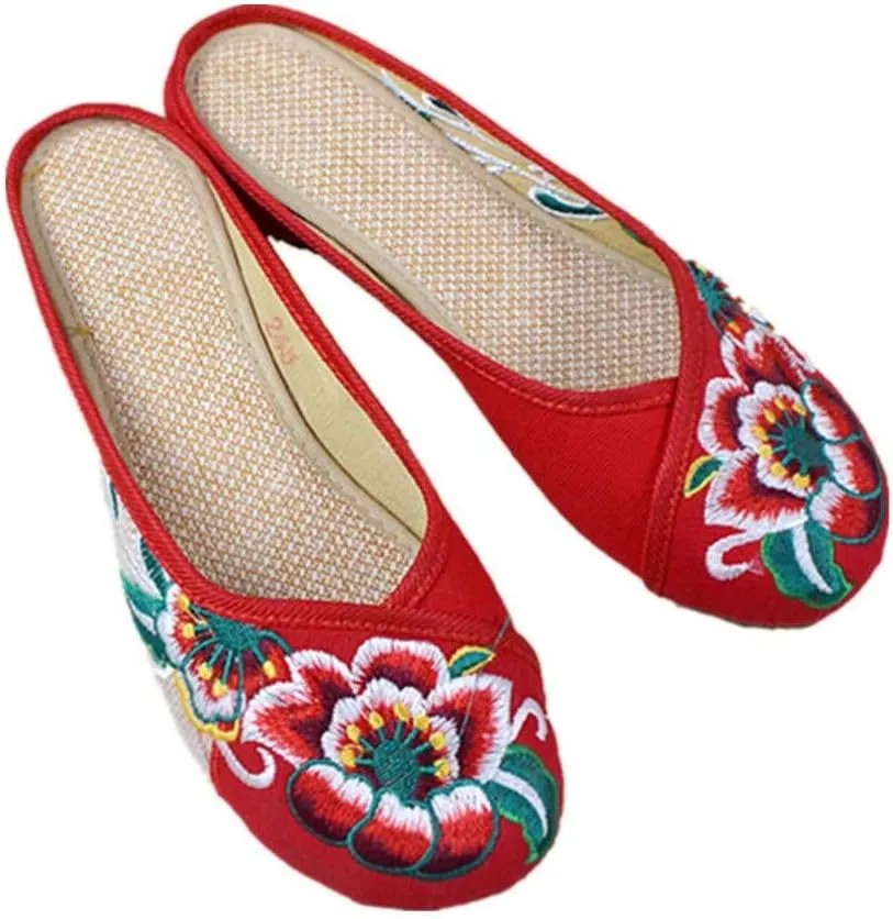 Embroidered Flower Women's Shoes Backless Mules Comfortable Flats Round Toe Loafers Chinese Style Canvas Slippers Cute Sandals