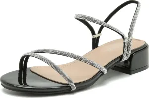Enelauge Women's Rhinestone Strappy Open Toe Low Block Chunky Heels Sandals Backless Summer Holiday Party Wedding Dress Shoes Black 36-6US