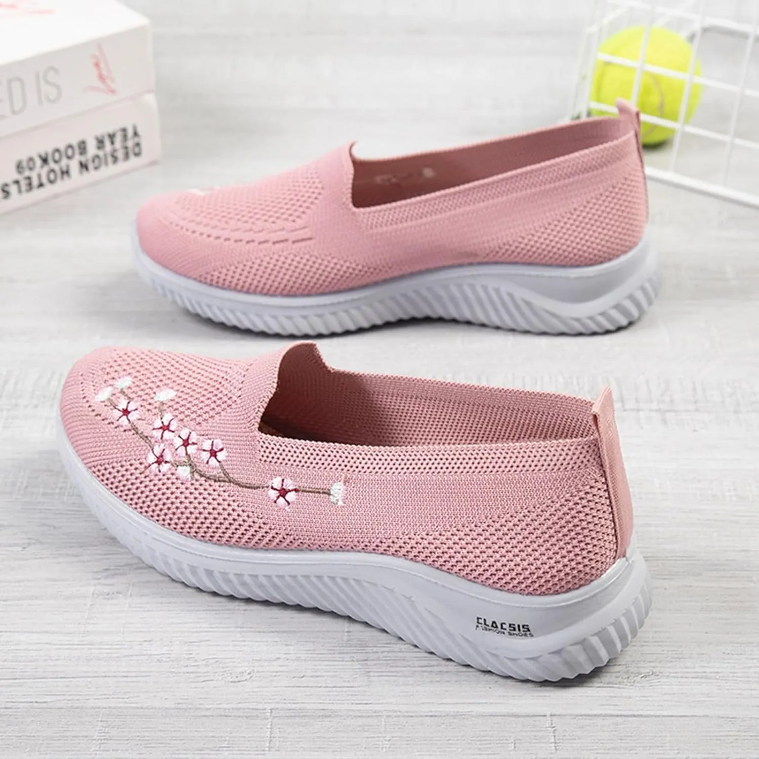 Ephirebra Women's Knitted Mesh Flat Loafers Slip-On Breathable Comfortable Low Top Sport Shoes Fashion Embroidery Cute Lightweight Casual Walking Shoes