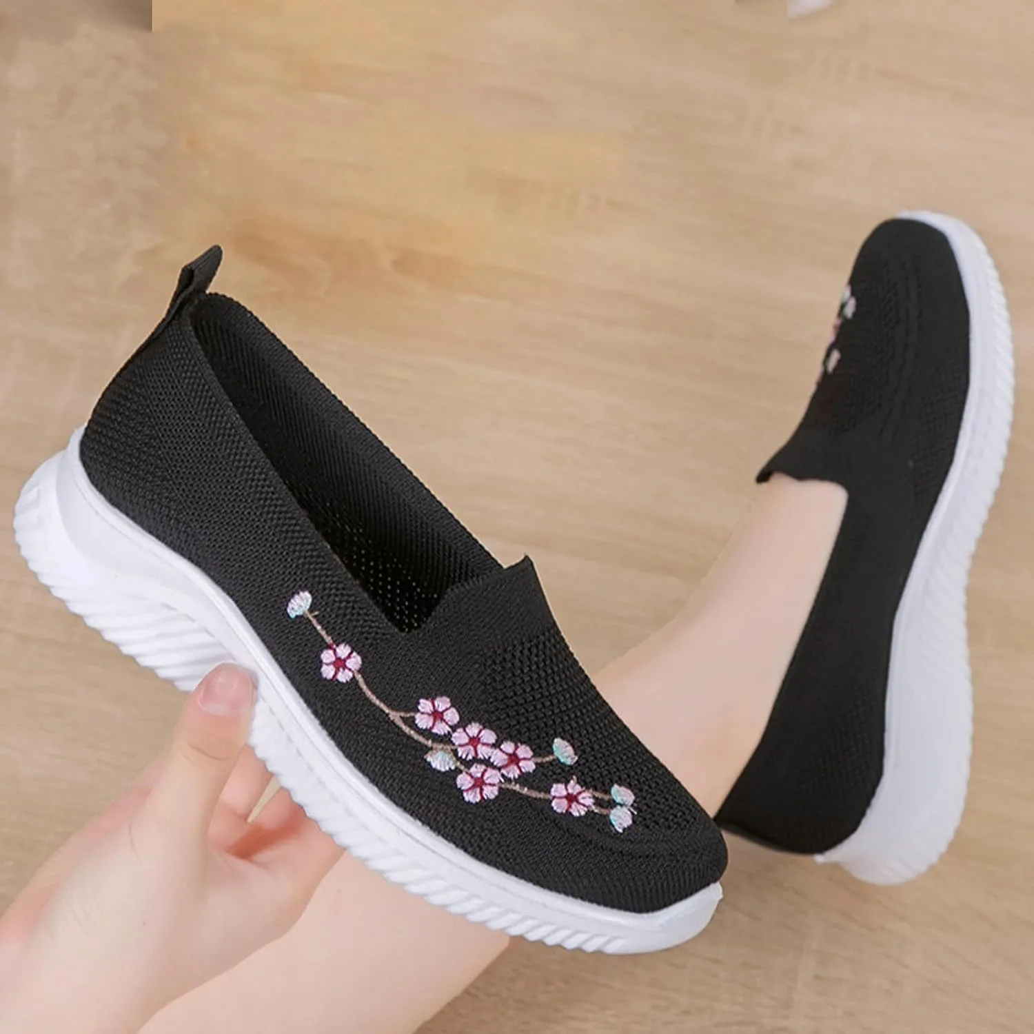 Ephirebra Women's Knitted Mesh Flat Loafers Slip-On Breathable Comfortable Low Top Sport Shoes Fashion Embroidery Cute Lightweight Casual Walking Shoes
