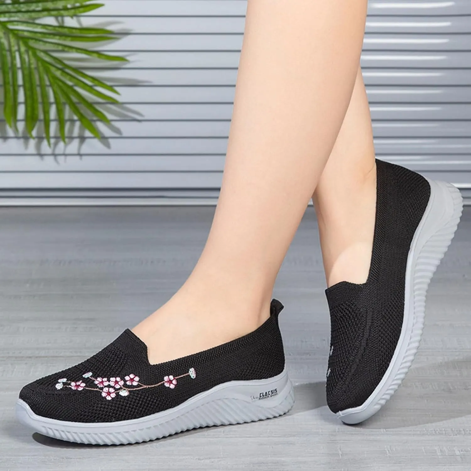 Ephirebra Women's Knitted Mesh Flat Loafers Slip-On Breathable Comfortable Low Top Sport Shoes Fashion Embroidery Cute Lightweight Casual Walking Shoes
