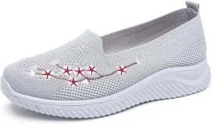 Ephirebra Women's Knitted Mesh Flat Loafers Slip-On Breathable Comfortable Low Top Sport Shoes Fashion Embroidery Cute Lightweight Casual Walking Shoes