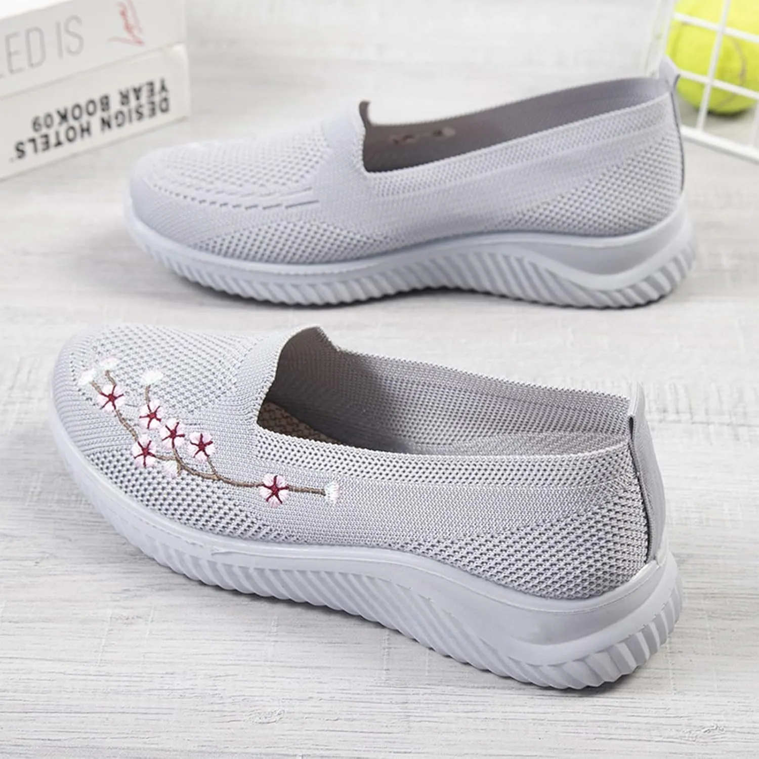 Ephirebra Women's Knitted Mesh Flat Loafers Slip-On Breathable Comfortable Low Top Sport Shoes Fashion Embroidery Cute Lightweight Casual Walking Shoes