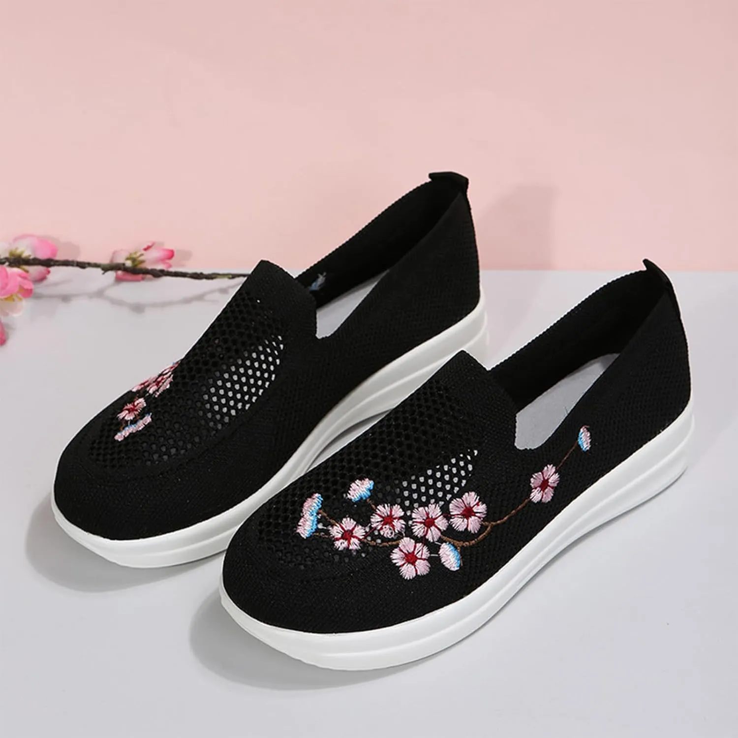 Ephirebra Women's Knitted Mesh Flat Loafers Slip-On Breathable Comfortable Low Top Sport Shoes Fashion Embroidery Cute Lightweight Casual Walking Shoes
