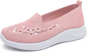 Ephirebra Women's Knitted Mesh Flat Loafers Slip-On Breathable Comfortable Low Top Sport Shoes Fashion Embroidery Cute Lightweight Casual Walking Shoes