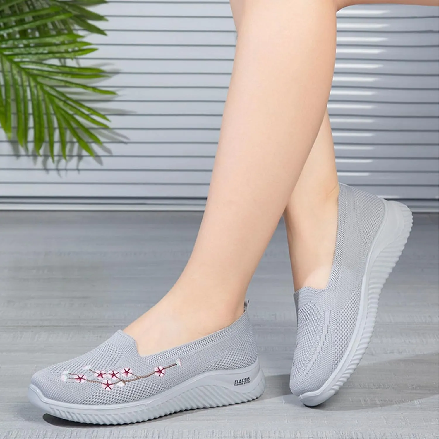 Ephirebra Women's Knitted Mesh Flat Loafers Slip-On Breathable Comfortable Low Top Sport Shoes Fashion Embroidery Cute Lightweight Casual Walking Shoes