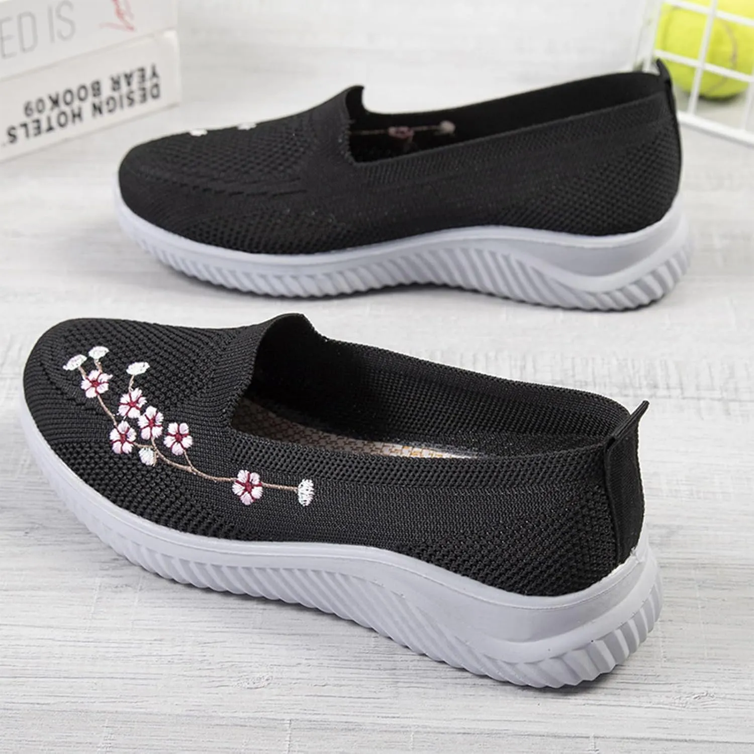 Ephirebra Women's Knitted Mesh Flat Loafers Slip-On Breathable Comfortable Low Top Sport Shoes Fashion Embroidery Cute Lightweight Casual Walking Shoes