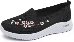 Ephirebra Women's Knitted Mesh Flat Loafers Slip-On Breathable Comfortable Low Top Sport Shoes Fashion Embroidery Cute Lightweight Casual Walking Shoes