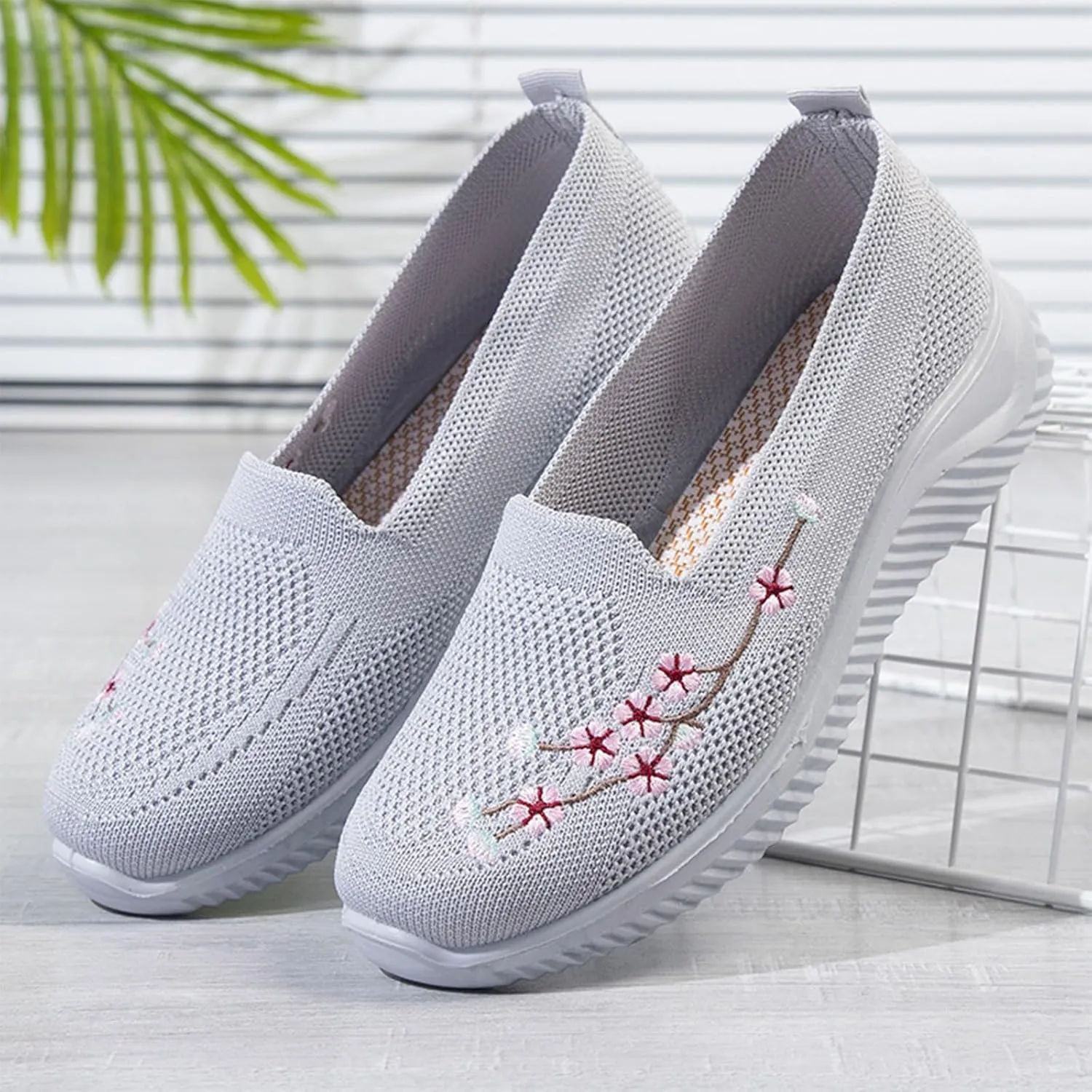 Ephirebra Women's Knitted Mesh Flat Loafers Slip-On Breathable Comfortable Low Top Sport Shoes Fashion Embroidery Cute Lightweight Casual Walking Shoes