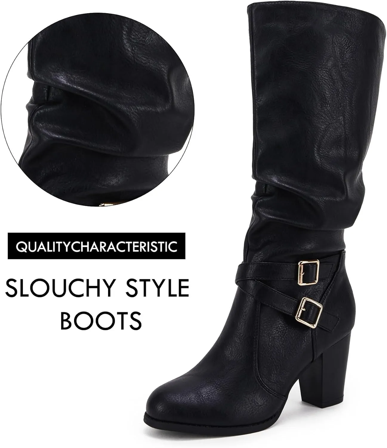 Ermonn Womens Mid Knee High Boots Chunky Heel Slouchy Metal Buckle Side Zipper Fashion Winter Shoes
